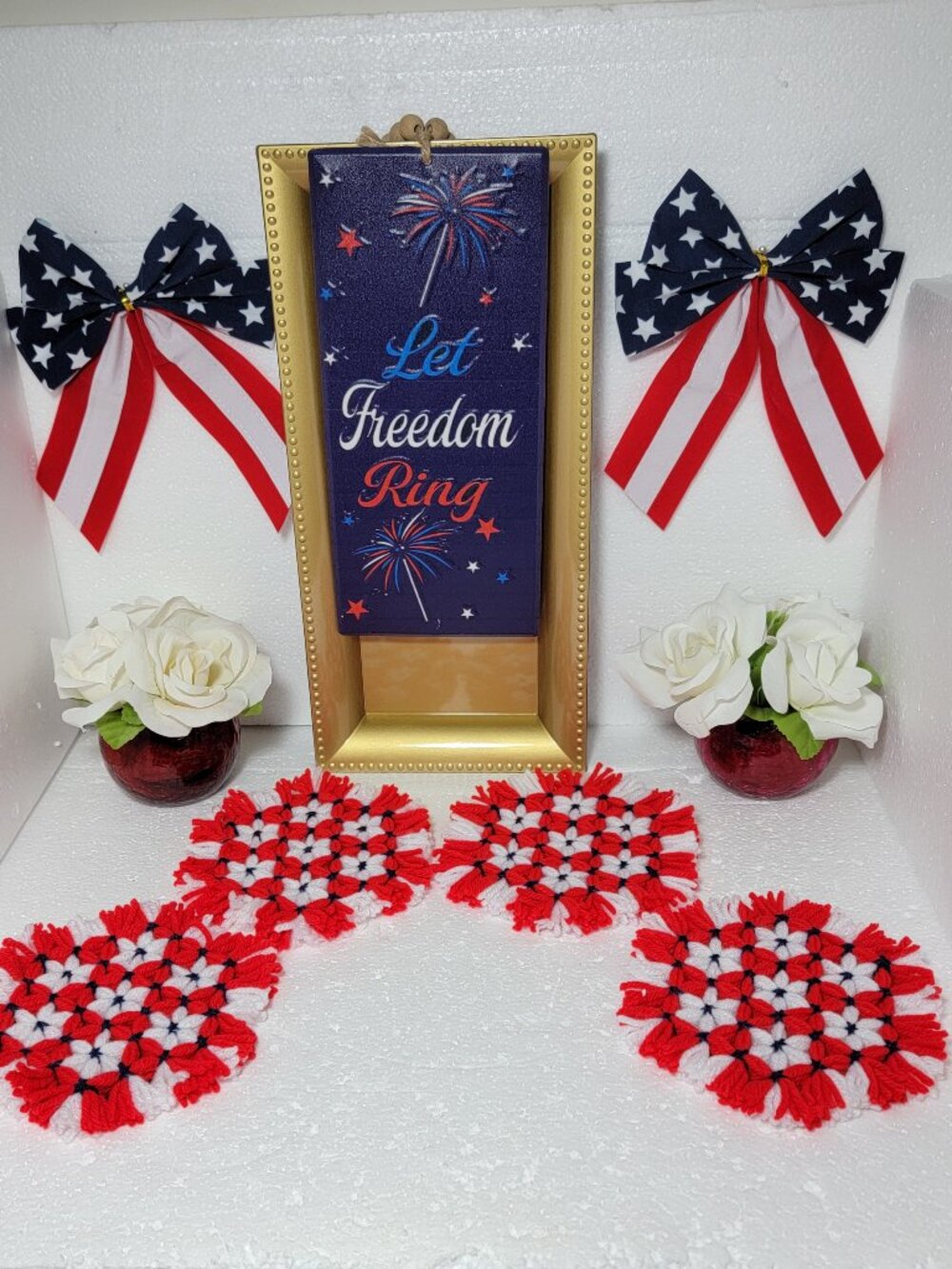 Handmade Woven Red and White with Blue Coasters or Trivets Set of 4